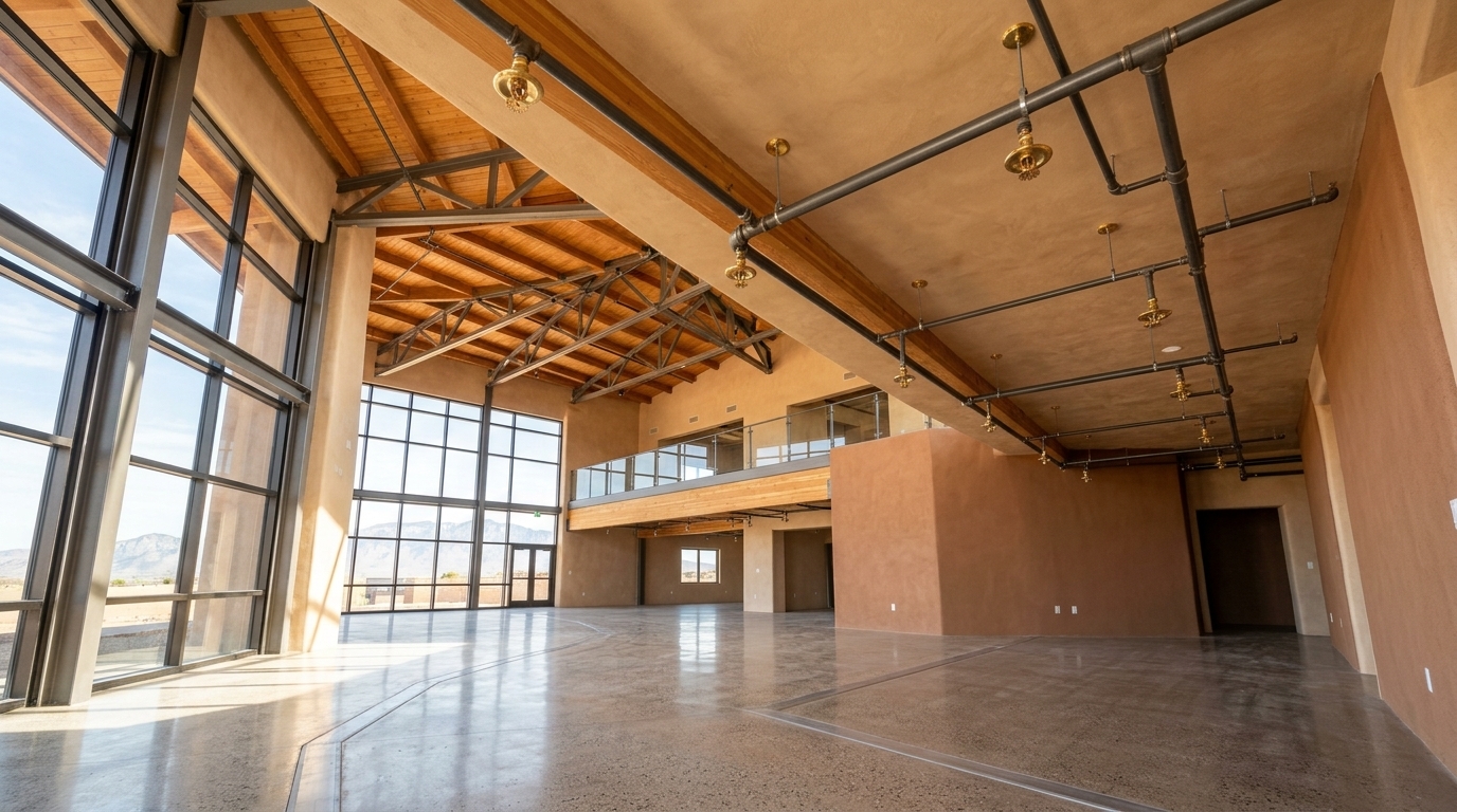 Fire sprinkler piping and heads installed in a commercial ceiling, illustrating sprinkler work for Albuquerque, NM